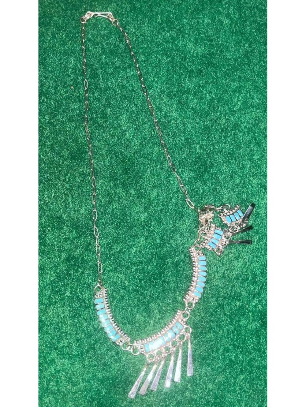 Zuni sterling silver inlay turquoise petit necklace with earrings traditional